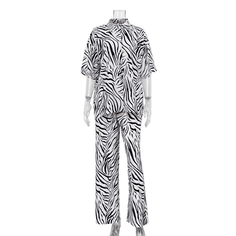 Satin Zebra Striped Women Summer Short Sleeve Shirt High Waist Trousers Two Piece Set
