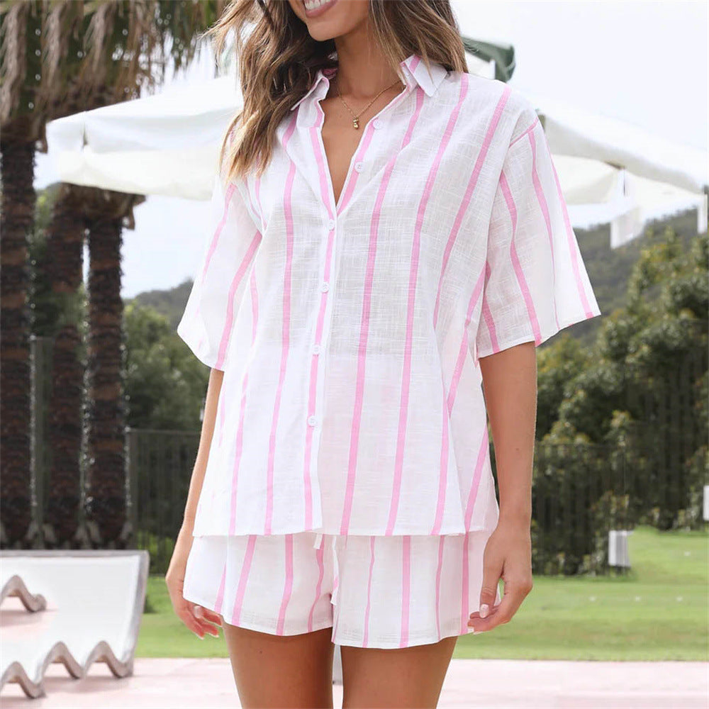 Spring Summer Striped Printed Short Sleeve Shirt Shorts Suit Beach Casual Two Piece Suit Women  Clothing