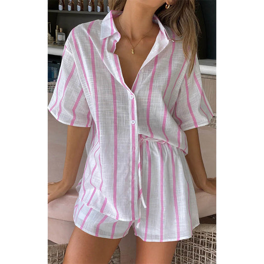 Spring Summer Striped Printed Short Sleeve Shirt Shorts Suit Beach Casual Two Piece Suit Women  Clothing