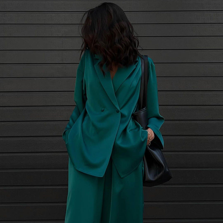 Casual Green Satin Suit Two Piece Set Western Women Clothing High End