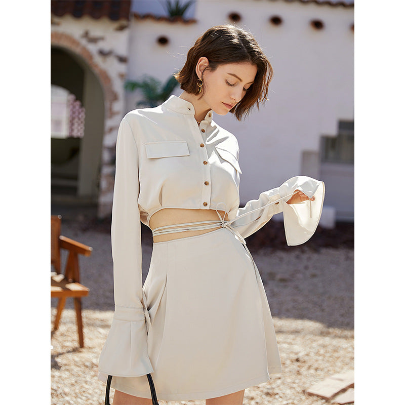 Sexy Lace Up Long Sleeve Shirt Skirt Set Slim Fit Two Piece Suit