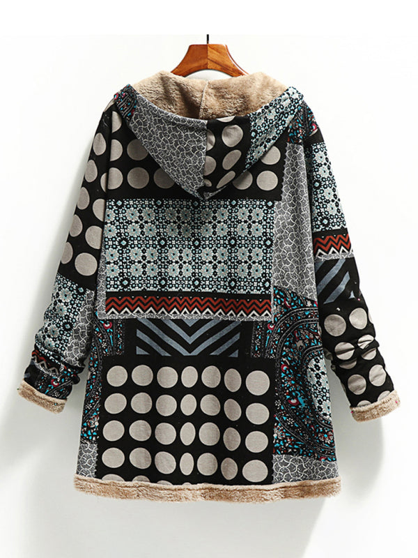 New women's cotton and linen printed hooded sweater warm plush jacket