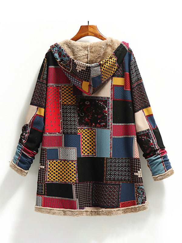 New women's cotton and linen printed hooded sweater warm plush jacket